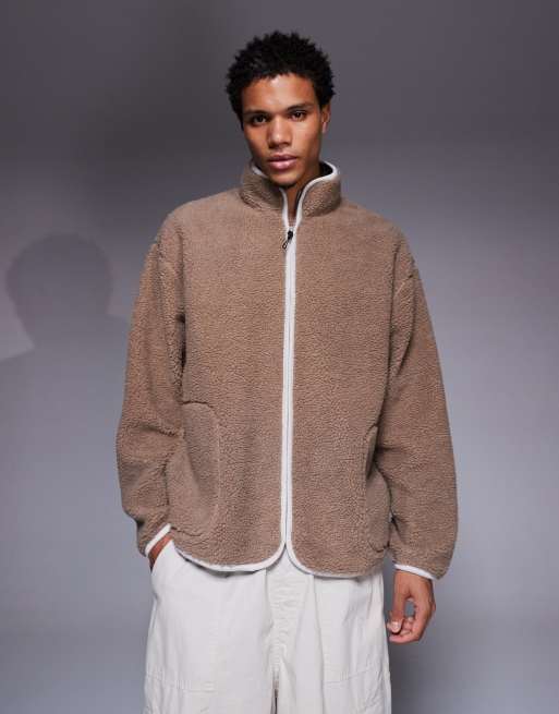 ASOS DESIGN oversized teddy funnel neck zip up sweatshirt in beige