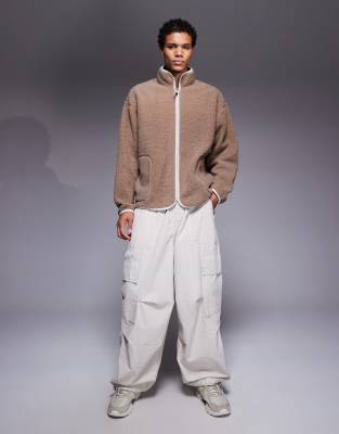 Asos Design Oversized Teddy Funnel Neck Zip Up Sweatshirt In Brown