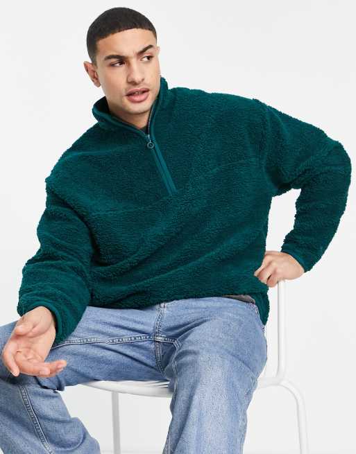 ASOS DESIGN oversized teddy half zip track neck sweatshirt in green