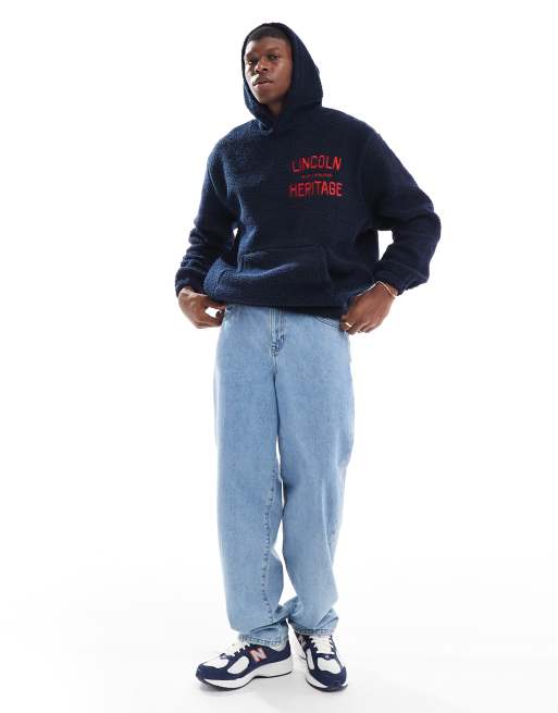 ASOS DESIGN oversized teddy hoodie with print in navy