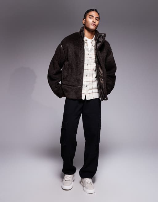 ASOS DESIGN oversized teddy jacket with funnel neck in brown, 2 of 5