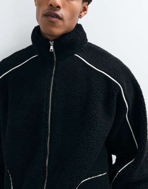 ASOS DESIGN oversized teddyfleece met rits en bies in zwart, 4 van 5