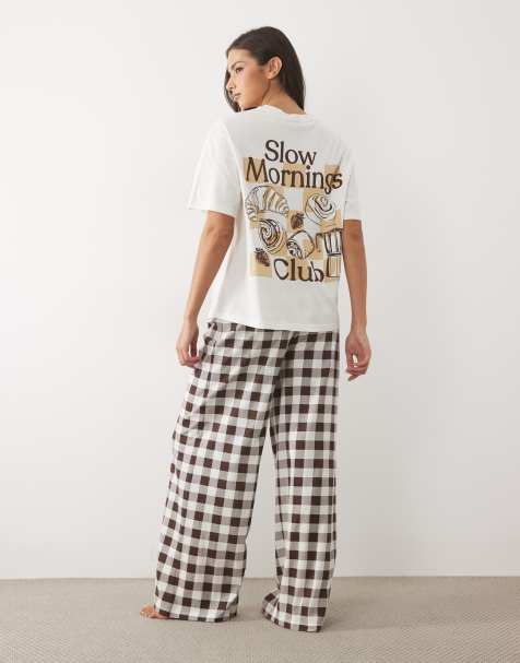 ASOS DESIGN oversized tee and check wide leg trouser pyjama set with slow mornings graphic - view 1