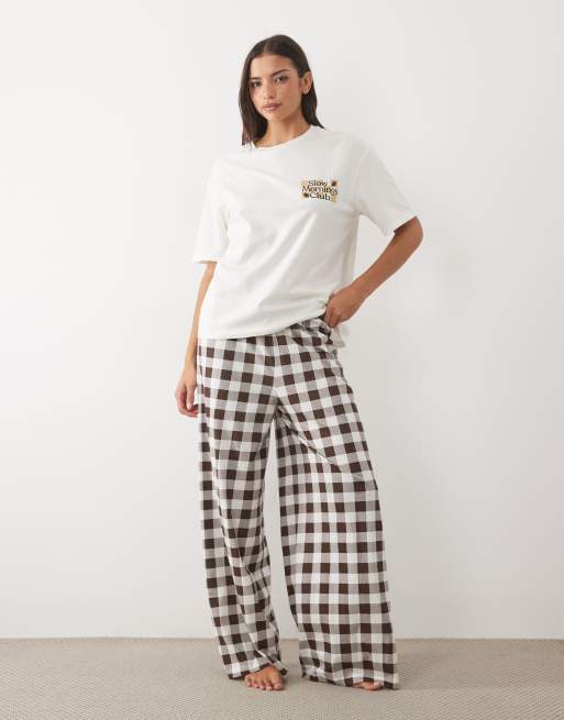 ASOS DESIGN oversized tee and check wide leg trouser pyjama set with slow mornings graphic, 3 of 4