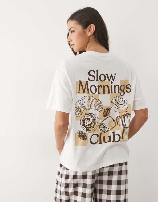 ASOS DESIGN oversized tee and check wide leg trouser pyjama set with slow mornings graphic, 4 of 4