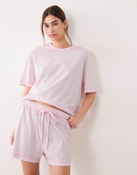 ASOS DESIGN oversized tee and short pyjama set in  dusty pink with contrast overlock stitch - view 1