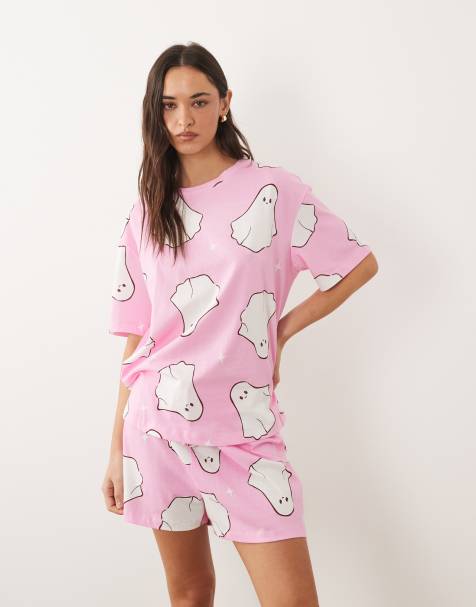 ASOS DESIGN oversized tee and short pyjama set in pink ghost print - view 1