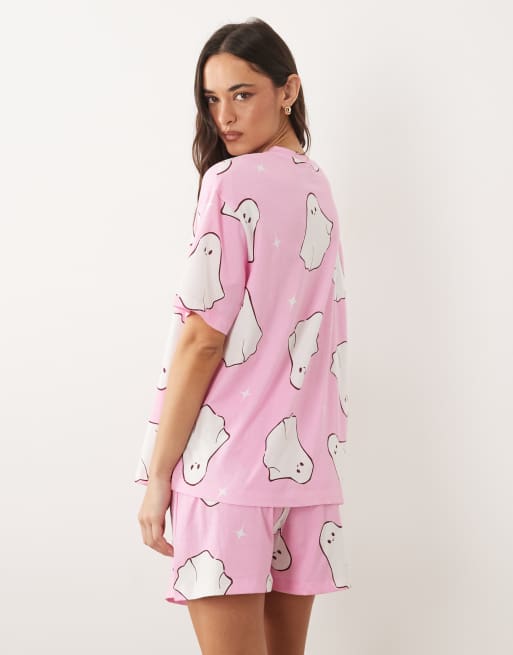 ASOS DESIGN oversized tee and short pyjama set in pink ghost print, 4 of 4