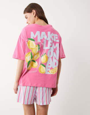 ASOS DESIGN oversized tee and short pyjama set with lemonade graphic in blue and pink