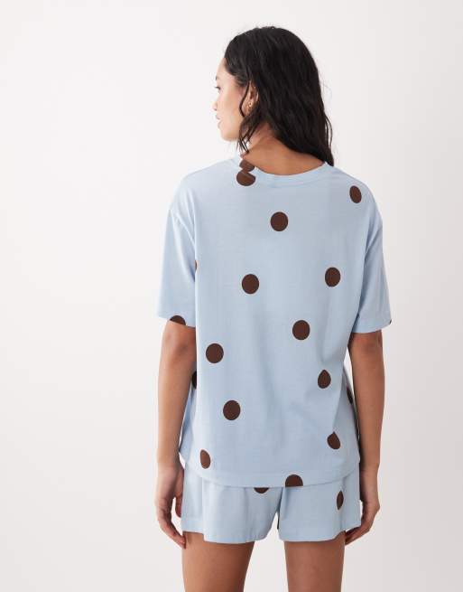 ASOS DESIGN oversized tee and shorts pajama set in blue & chocolate polka dot, 4 of 4