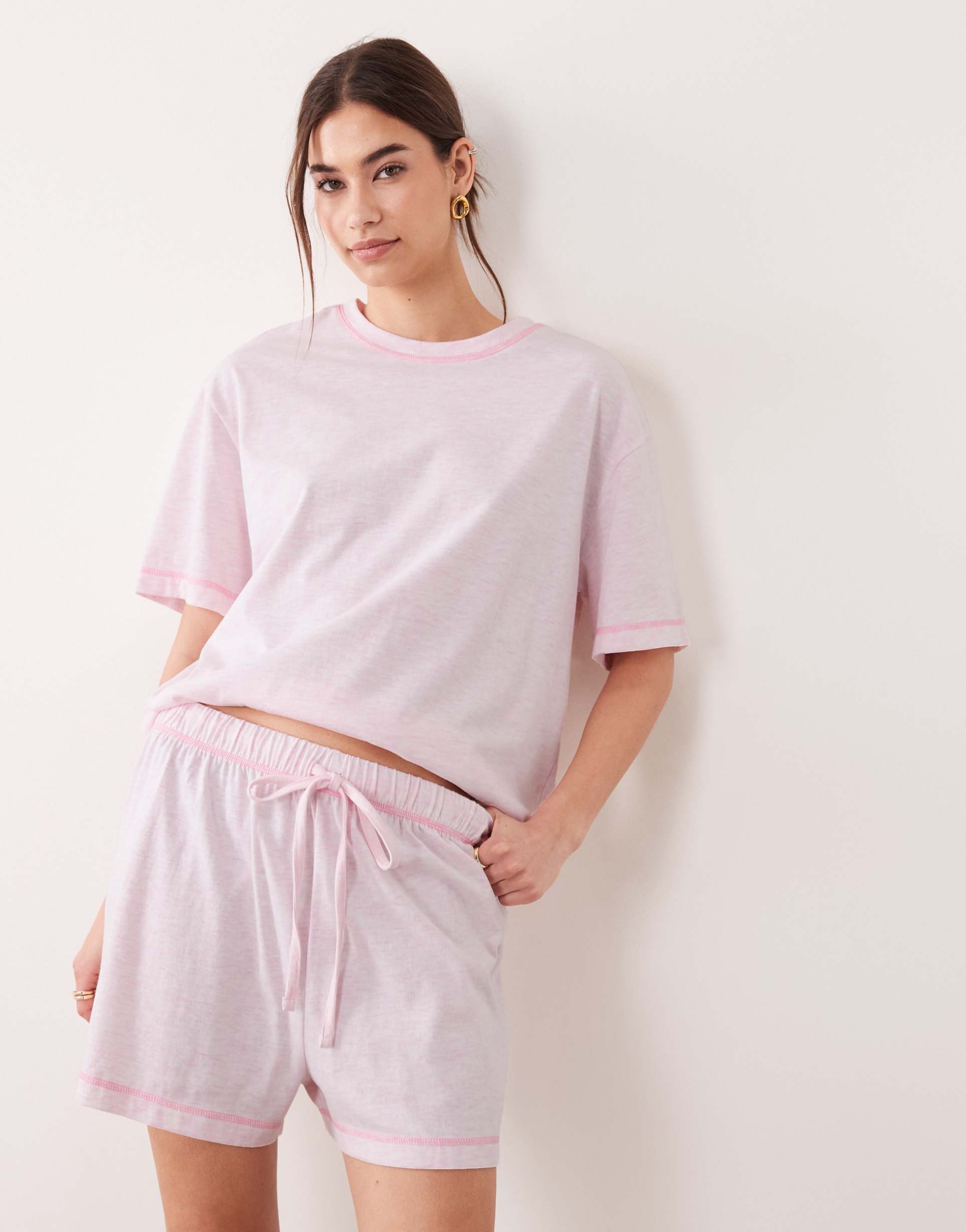 asos design oversized tee and shorts pajama set in dusty pink with contrast overlock stitching