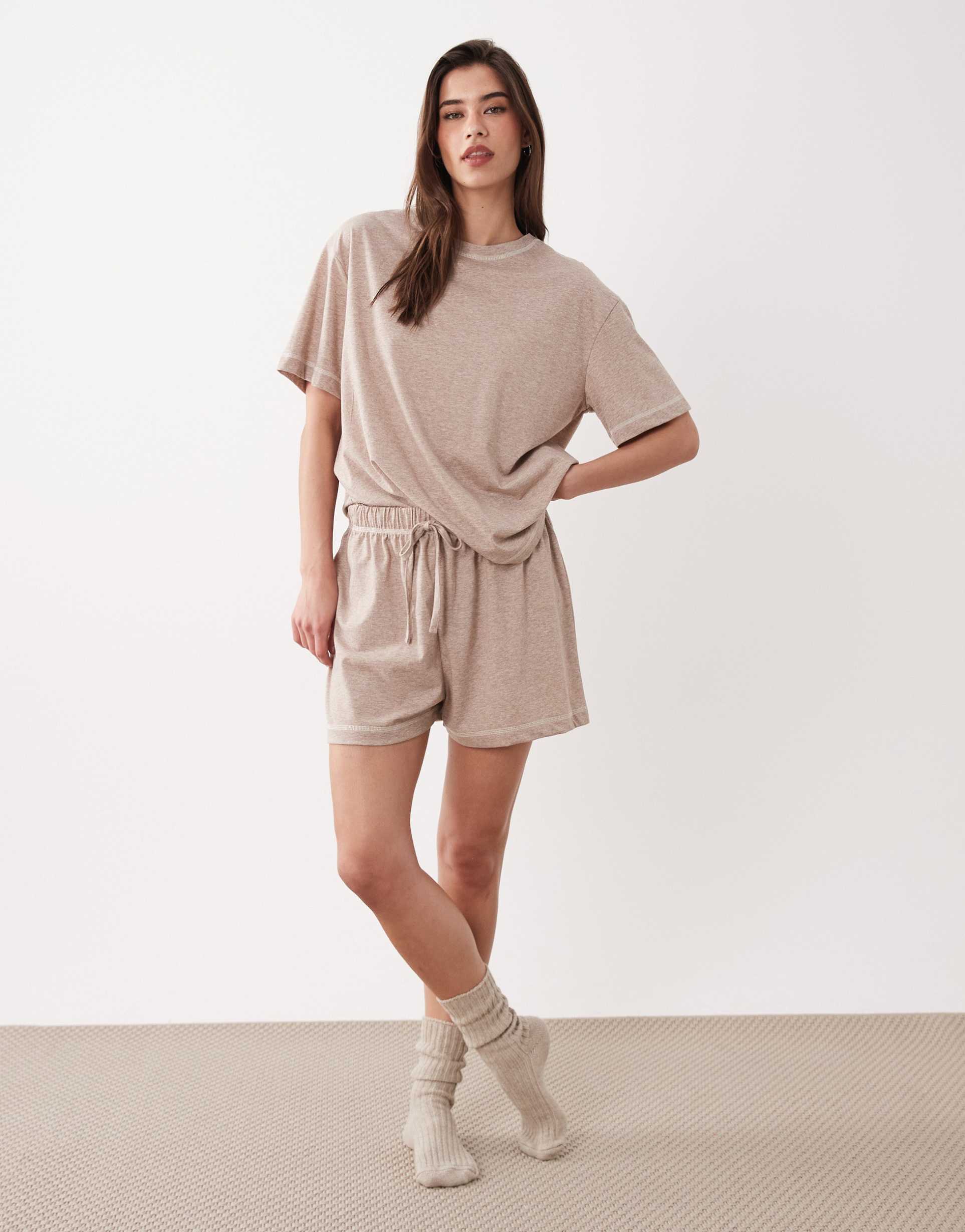 asos design oversized tee and shorts pajama set in heathered brown