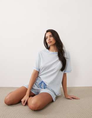 Asos Design Oversized Tee And Shorts Pajama Set With Contrast Overlock Stitch In Blue
