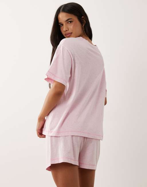 ASOS DESIGN oversized tee and shorts pajama set with contrast overlock stitch in pink neppy, 3 of 4