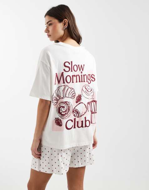 ASOS DESIGN oversized tee and shorts pajama set with slow mornings club graphic in red - view 1