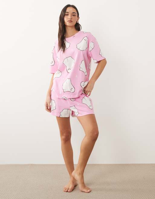 ASOS DESIGN oversized tee and shorts pyjama set in pink ghost print, 3 of 4