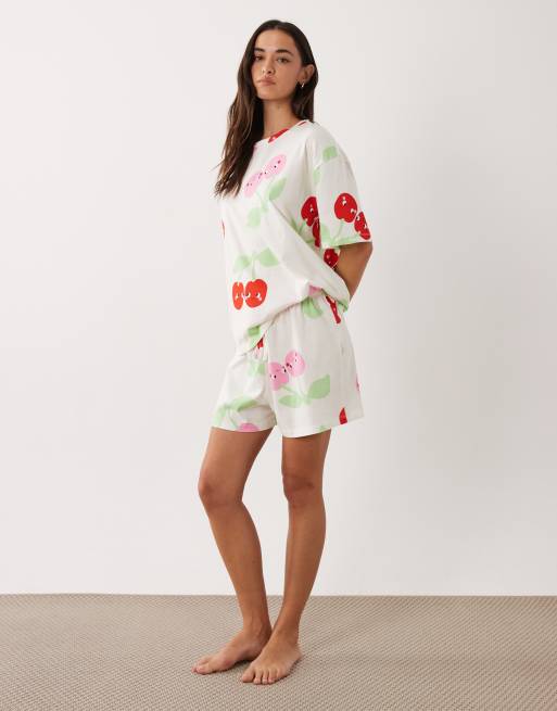 ASOS DESIGN oversized tee and shorts pyjama set with cherry print in red and pink, 2 of 4