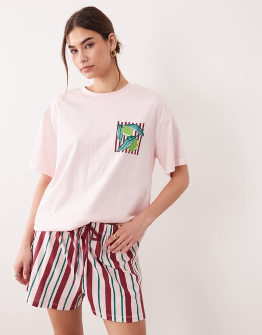 ASOS DESIGN oversized tee and shorts pyjama set with farmers market graphic in pink, 4 of 4