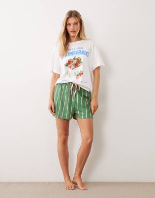 Asos Design Oversized Tee And Striped Shorts Pajama Set With Strawberry Graphic-green
