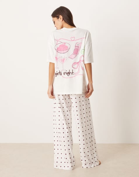 ASOS DESIGN oversized tee and wide leg jersey pants pajama set in girls night graphic - view 1
