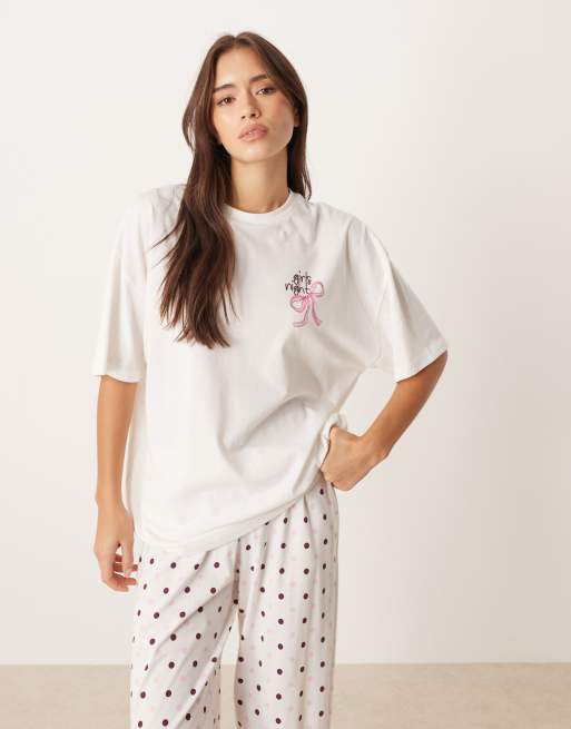 ASOS DESIGN oversized tee and wide leg jersey pants pajama set in girls night graphic, 2 of 4