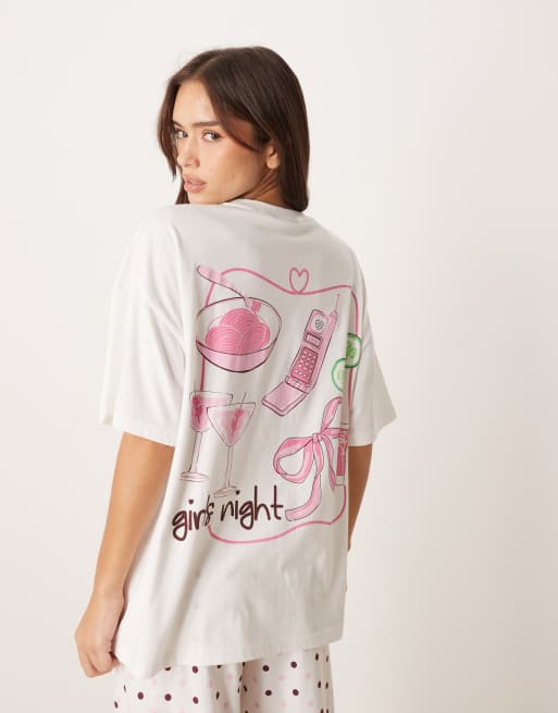 ASOS DESIGN oversized tee and wide leg jersey pants pajama set in girls night graphic, 4 of 4