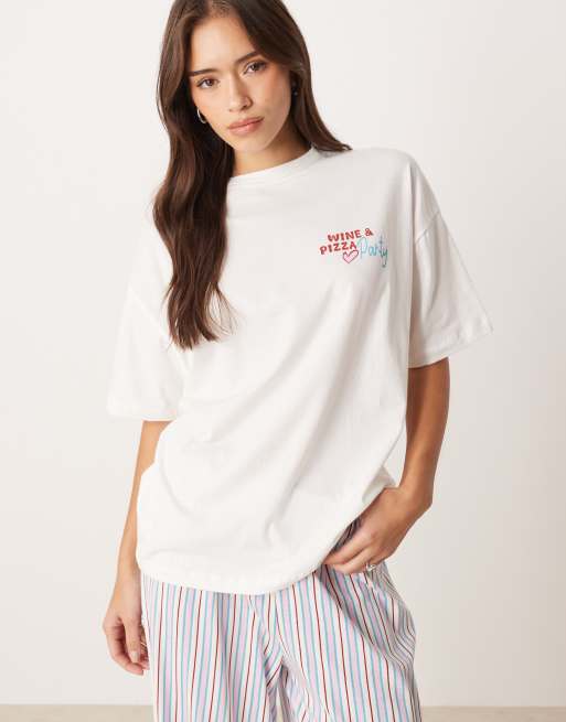 ASOS DESIGN oversized tee and wide leg jersey trouser pyjama set in pizza & wine graphic, 4 of 4