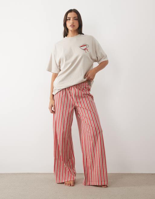 ASOS DESIGN oversized tee and wide leg pyjama set with tea graphic in oatmeal, 2 of 4