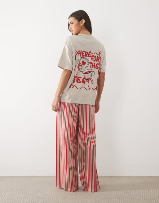 ASOS DESIGN oversized tee and wide leg pyjama set with tea graphic in oatmeal, 3 of 4