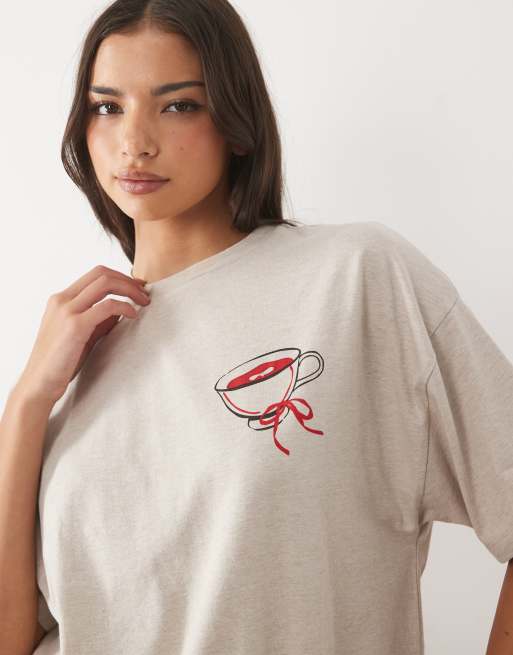 ASOS DESIGN oversized tee and wide leg pyjama set with tea graphic in oatmeal, 4 of 4
