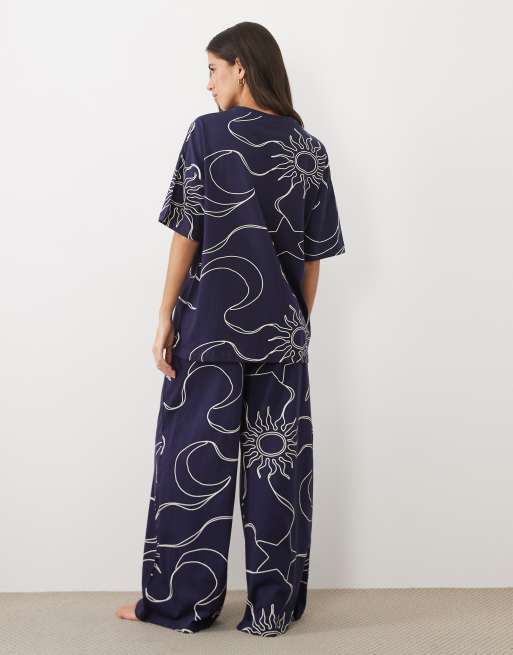 ASOS DESIGN oversized tee and wide leg trouser pyjama set in moon and star stencil print, 4 of 4
