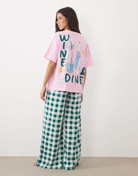 ASOS DESIGN oversized tee and wide leg trouser pyjama set with wine and dine graphic - view 1