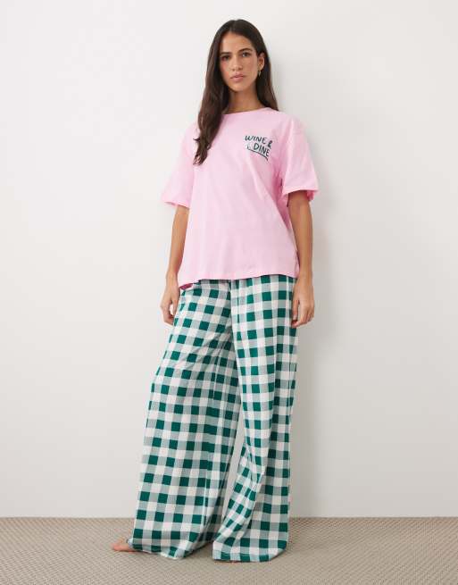 ASOS DESIGN oversized tee and wide leg trouser pyjama set with wine and dine graphic, 2 of 4