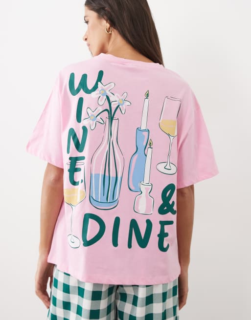ASOS DESIGN oversized tee and wide leg trouser pyjama set with wine and dine graphic, 3 of 4