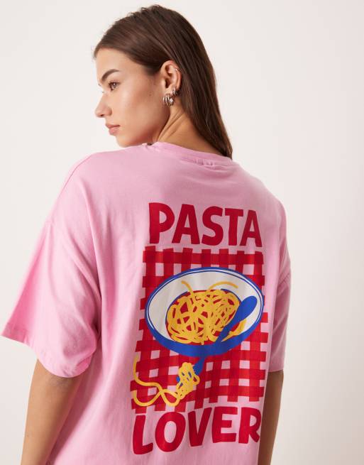 ASOS DESIGN oversized tee and woven wide leg pants pyjama set in pink pasta graphic, 3 of 4