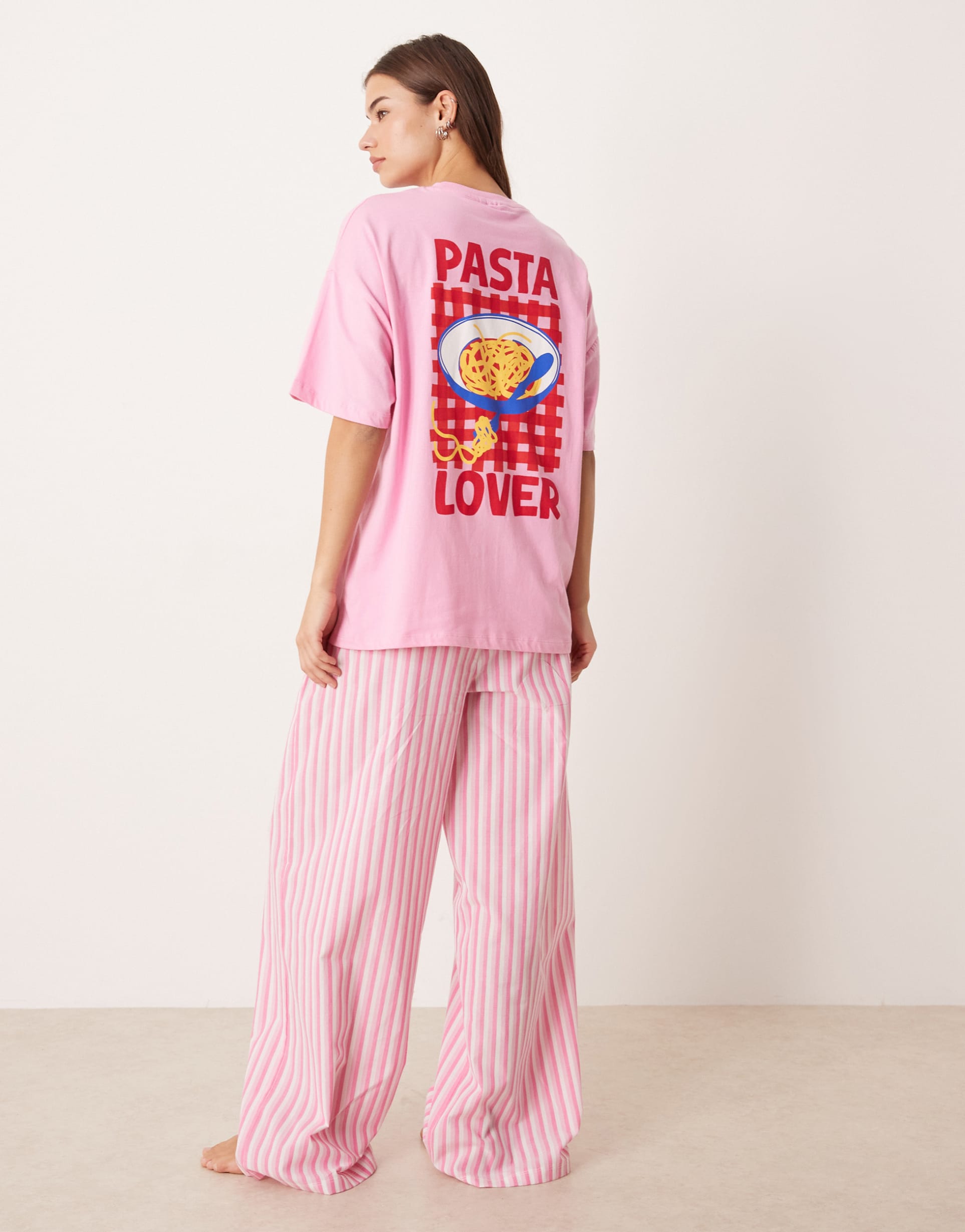 asos design oversized tee and woven wide leg woven pants pajama set in pink pasta graphic