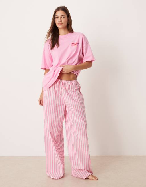 ASOS DESIGN oversized tee and woven wide leg woven pants pajama set in pink pasta graphic, 2 of 4