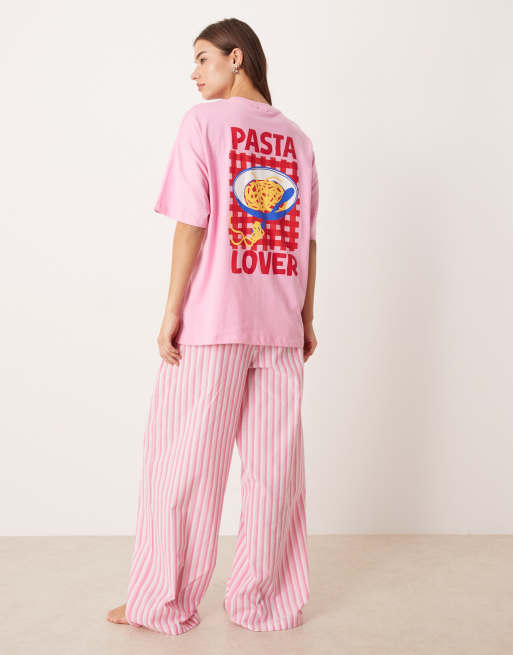 ASOS DESIGN oversized tee and woven wide leg woven pyjama trouser in pink pasta graphic