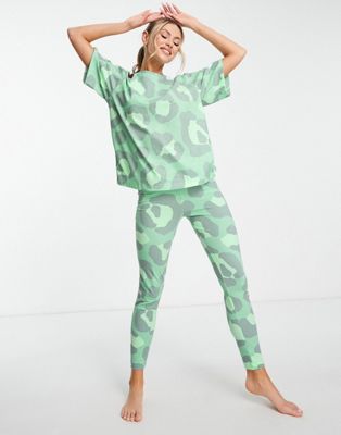ASOS DESIGN oversized tee & legging pyjama set in green animal print