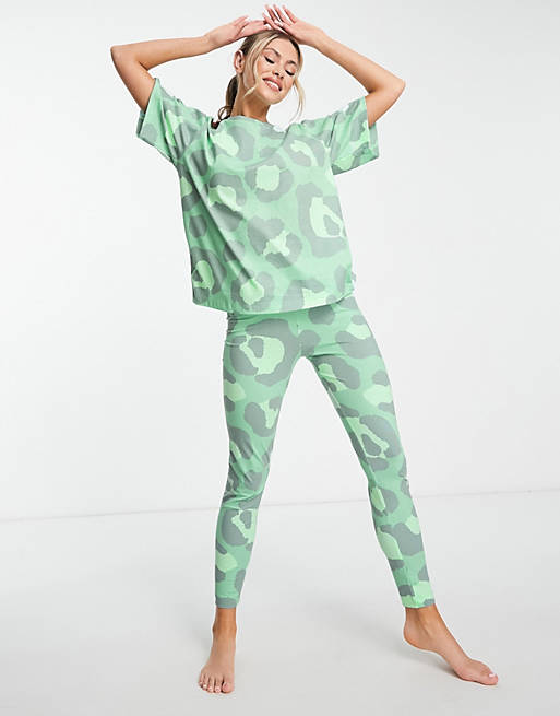 T eb Gering ASOS DESIGN oversized tee & leggings pajama set in green animal print | ASOS