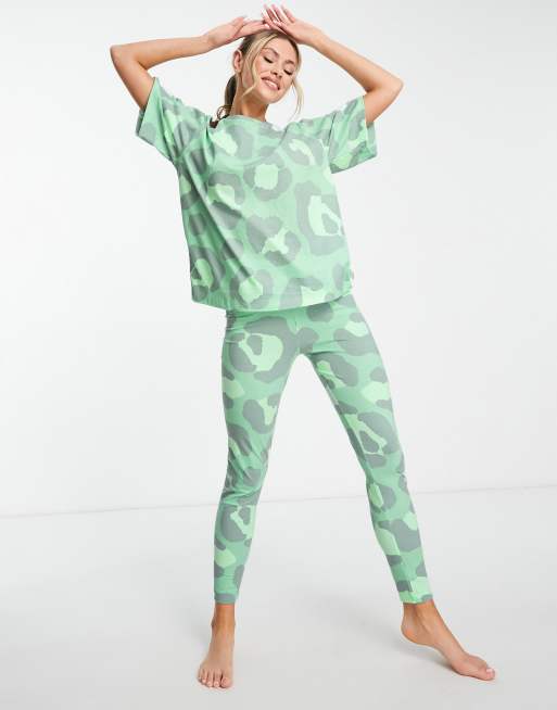 ASOS DESIGN oversized tee & leggings pajama set in green animal print