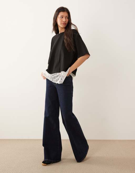 ASOS DESIGN oversized tee monochrome with deep lace hem trim underlayer in black, 3 of 4