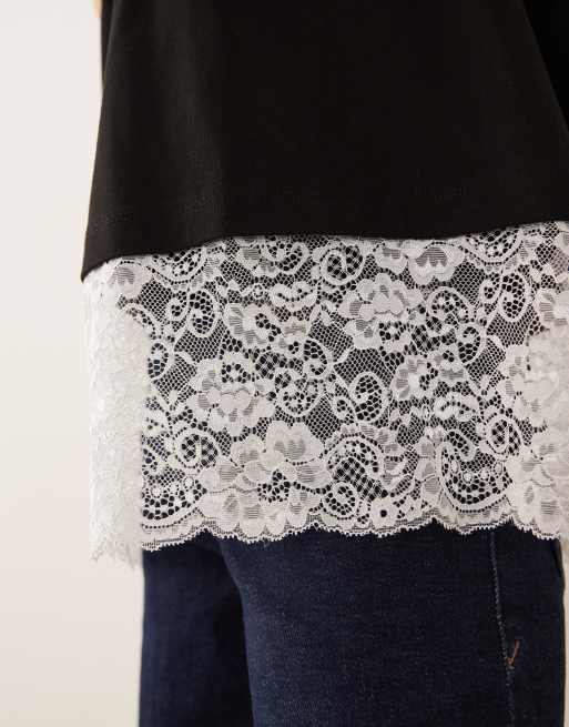 ASOS DESIGN oversized tee monochrome with deep lace hem trim underlayer in black, 4 of 4