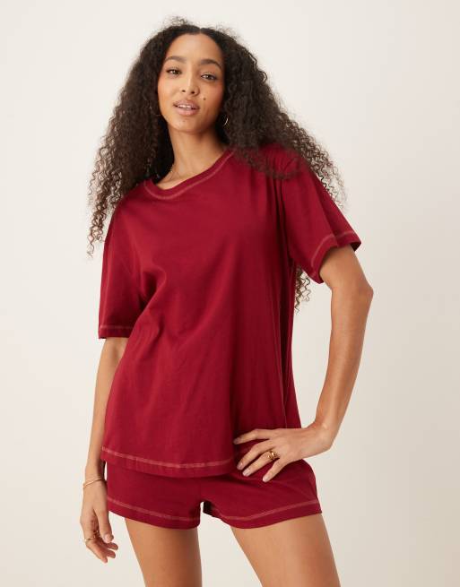 ASOS DESIGN oversized tee & shorts pyjama set in burgundy with contrast stitch
