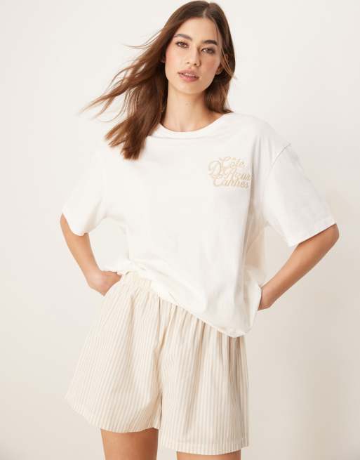 ASOS DESIGN oversized tee & shorts pyjama set with graphic in neutral