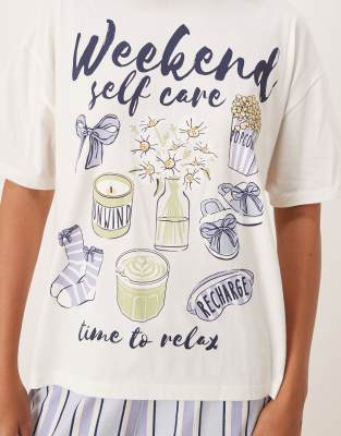 Asos Design Oversized Tee & Wide Leg Pants Pajama Set With Weekend Self Care Graphic-green In Green