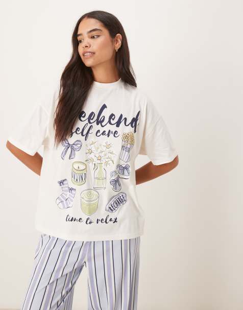 ASOS DESIGN oversized tee & wide leg trouser pyjama set in weekend self care graphic - view 1