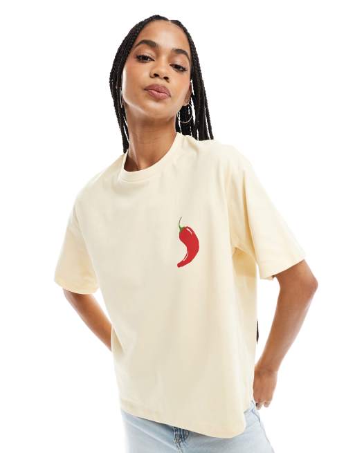 ASOS DESIGN oversized tee with chili pepper graphic in buttermilk