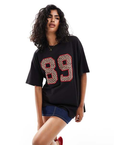 ASOS DESIGN oversized tee with contrast stitch  leopard number applique in black - view 1