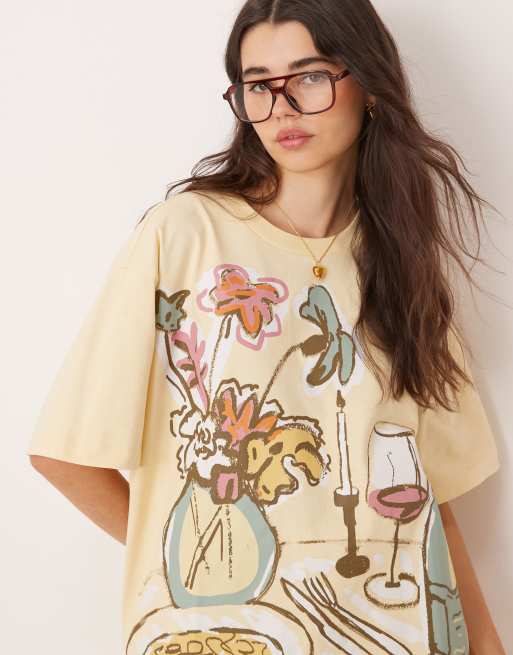 ASOS DESIGN oversized tee with dinner party graphic in buttermilk, 4 of 4